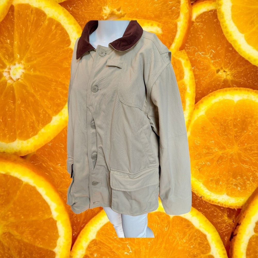 LL Bean Mens Tan Nylon Field Jacket Brown Corduroy Collar Medium Chore Coat
